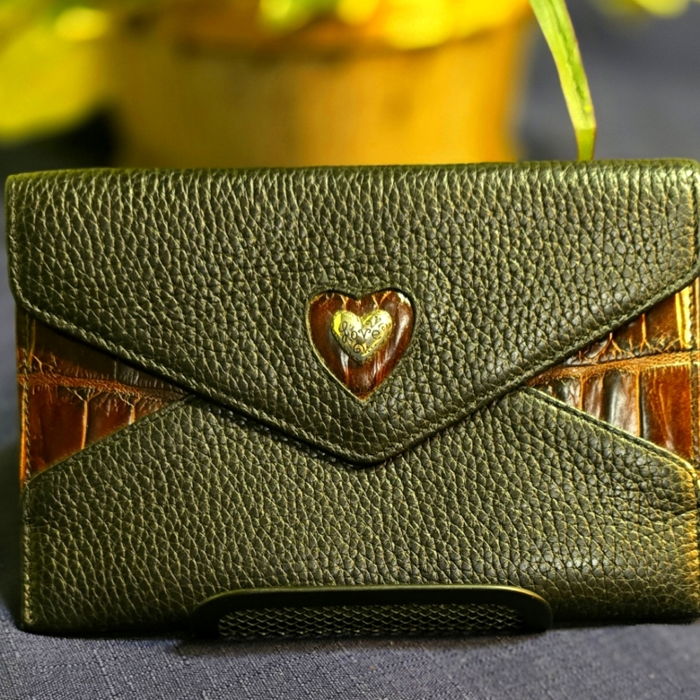 Vintage Brighton Envelope Wallet Pouch Pebbled Croc Embossed Leather 7" X 4.5"